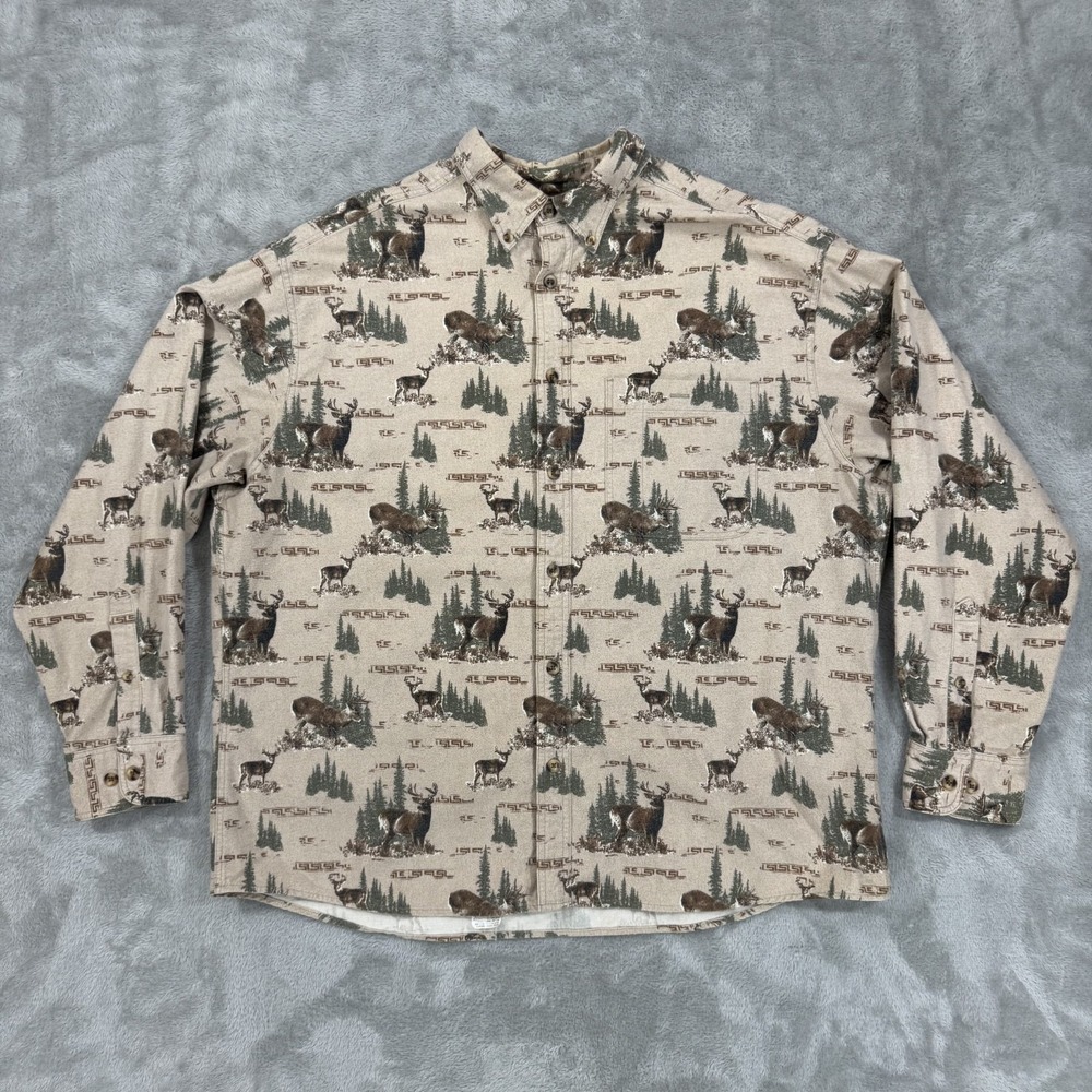 Cabelas Shirt‎ Mens XL Beige Chamois Flannel Shacket Deer Hunting Soft Pleated
